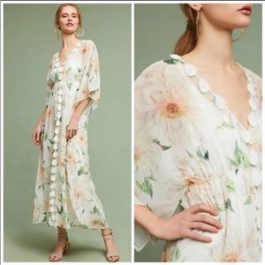 Farm Rio Dahlia Floral Crochet Trim Cream Green Floral Maxi Cover Up Dress XS